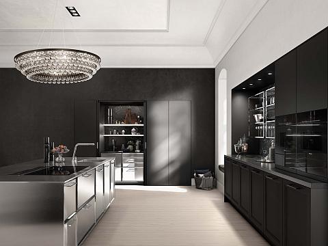SieMatic Classic Keuken zwart met RVS kookeiland en hoge kastenwand, ASWA Keukens